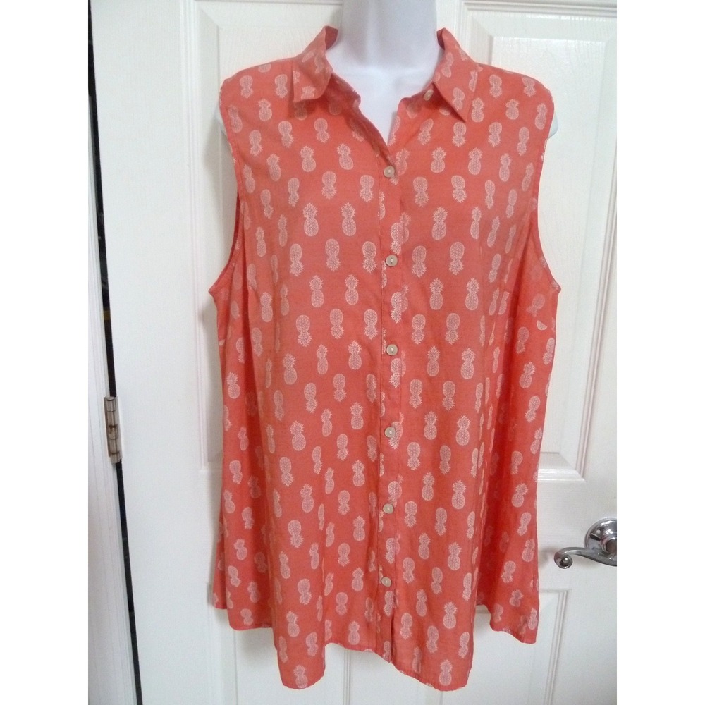 Kim Rogers XL 16/18 Button Up Sleeveless Blouse Pineapple Tunic Tropical Coral
